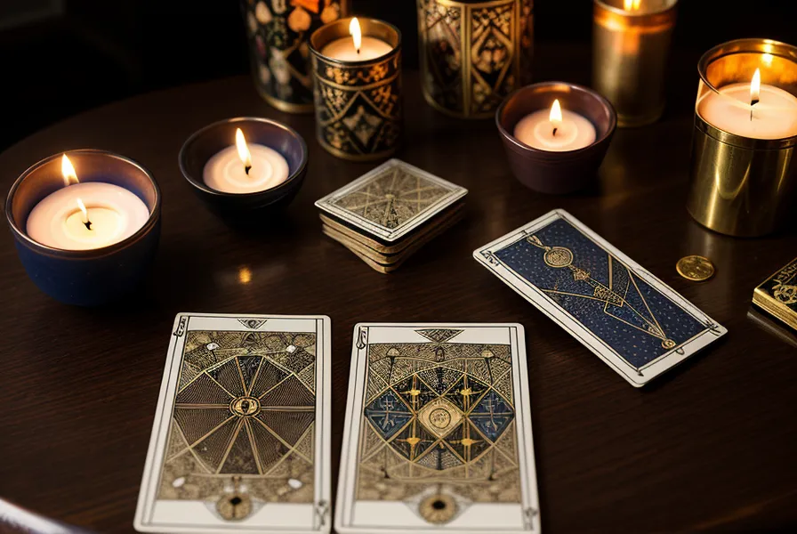 Gros plan sur trois lames du Tarot de Marseille disposées pour un tirage d'entourage simple et symbolique.