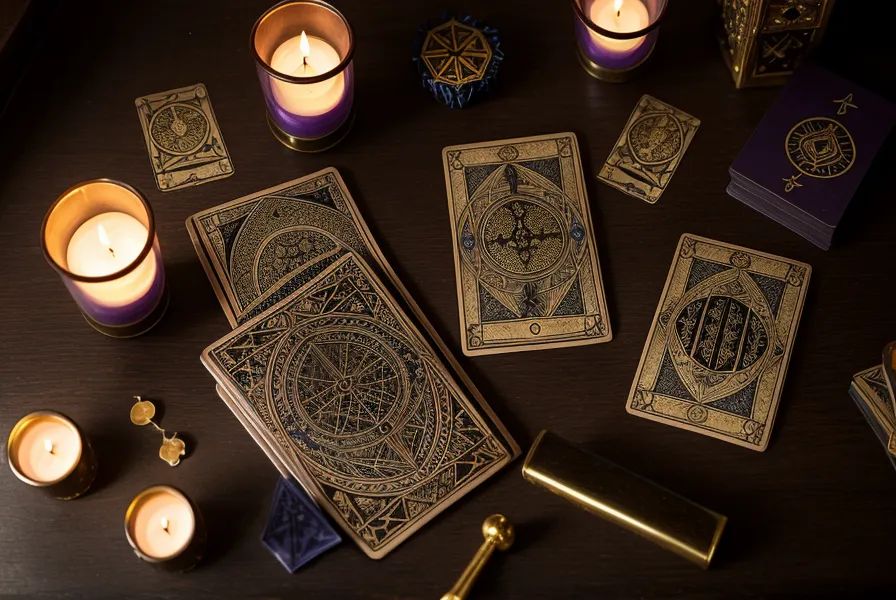 Lames de tarot de Marseille, le Bateleur et la Roue de Fortune, posées sur une table en bois.