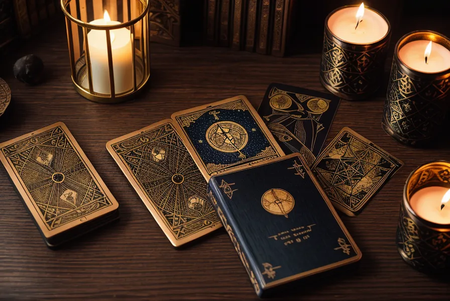 Lame de l'Empereur du tarot de Marseille associée à l'année personnelle 4, posée sur un registre de comptes