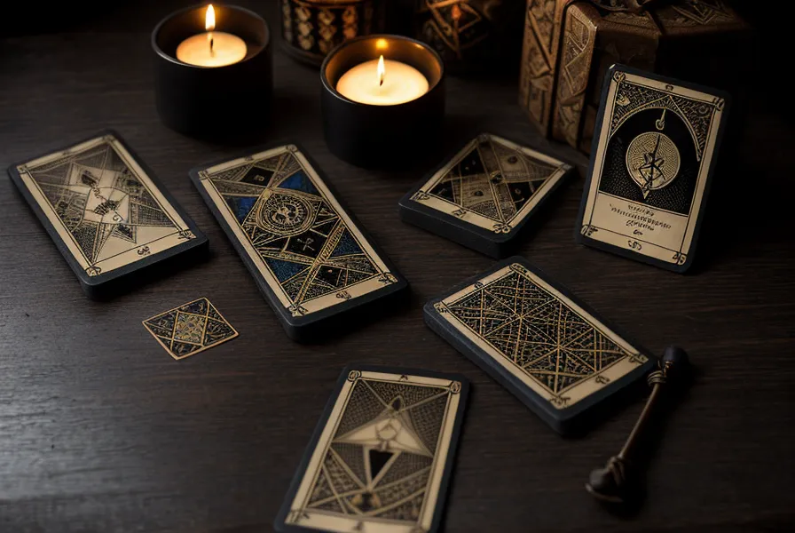Gros plan d'une main tenant la carte du Bateleur du tarot de Marseille au-dessus d'une table en bois, pendant un tirage pour une question de travail.