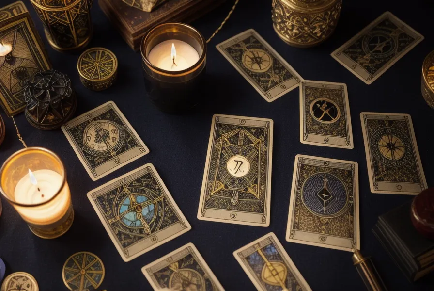 Tirage en croix de tarot de Marseille avec cinq arcanes majeurs pour l'évolution personnelle