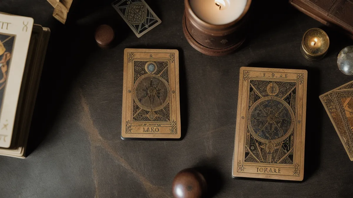 Le Mat, l'arcane sans nombre du tarot de Marseille, carte posée seule sur une table en bois sombre
