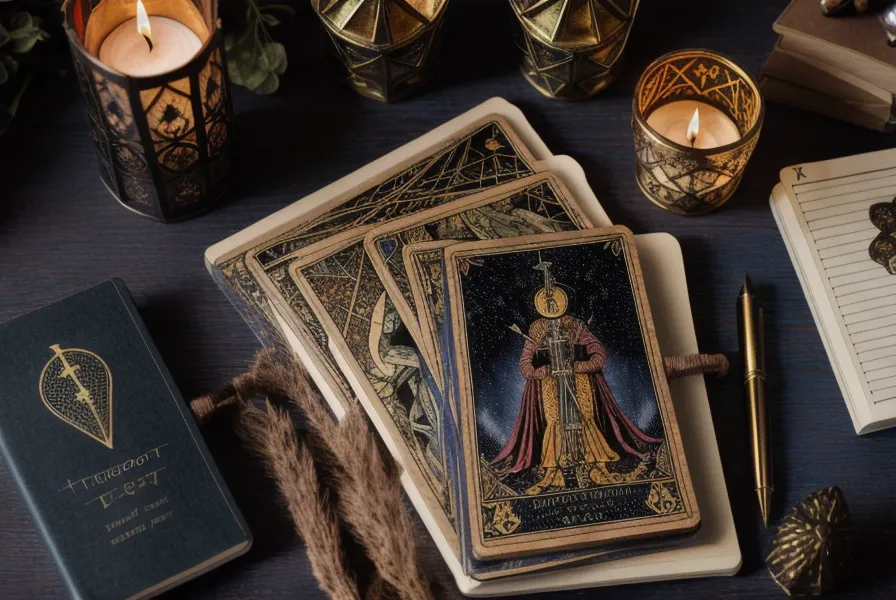 Carte du Monde du Tarot de Marseille, arcane majeur associé au nombre 22, posée près d'un carnet de calculs